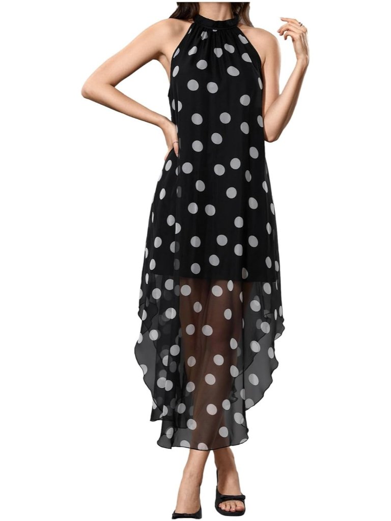 Women's Polka White Halter Neck Flowy Polyester Chiffon Asymmetrical Maxi Dress